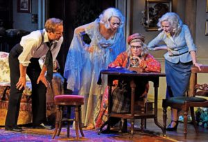 Blithe Spirit – Geoffrey Streatfeild (Charles), Emma Naomi (Elvira), Jennifer Saunders (Madame Arcati), Lisa Dillon (Ruth) – Credit Nobby Clark ®