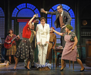 TMITWS – (centre) Stephen Mangan as Sidney, Kara Tointon as Daphne and the cast of The Man in the White Suit – Credit Nobby Clark