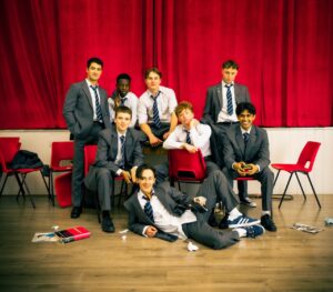 The History Boys – (clockwise) Y Qafouri, T Bepete, A Christoph-Allen, T Hinde, N Costello, M Parmar, C Kemlo, L Cornay – Credit Hugo Glendinning